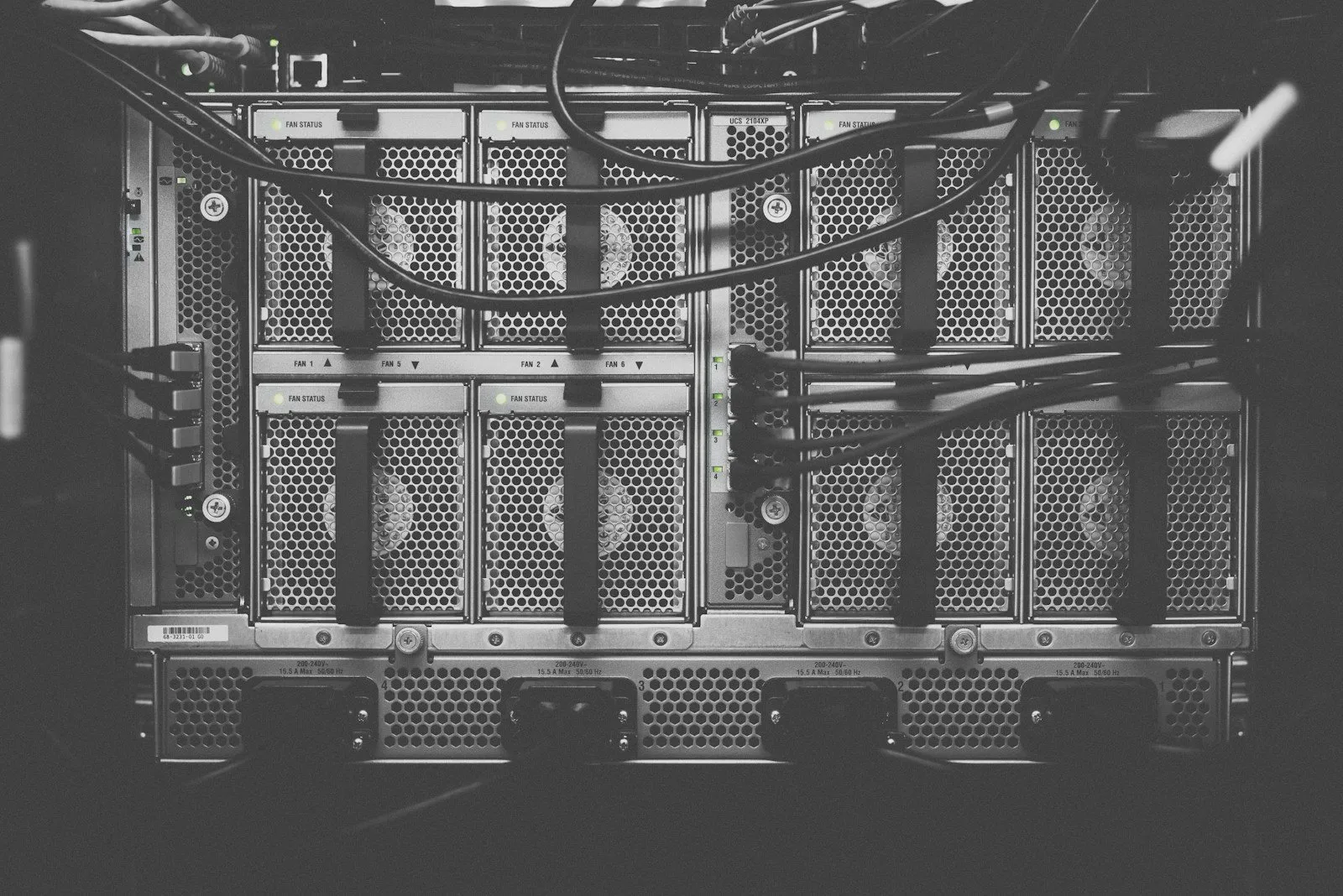 Rear of a blade server chassis: fan modules above a row of power supply inlets labeled 200-240 V, 15.5 A max.