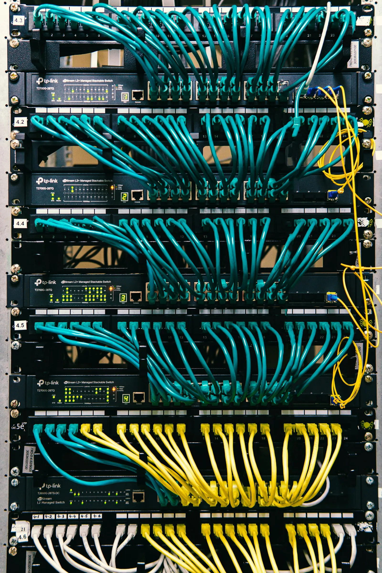 A structured-cabling rack with network switches and looped patch cables in a patch panel.