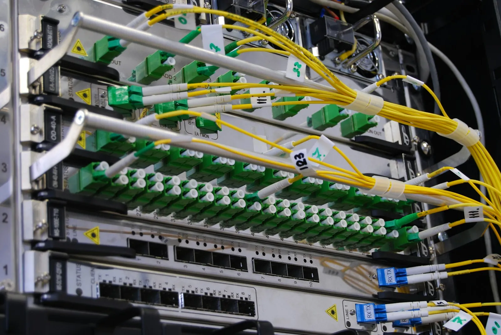 A single-mode fiber patch field with yellow jumpers and green APC connectors dressed into an optical transport shelf.