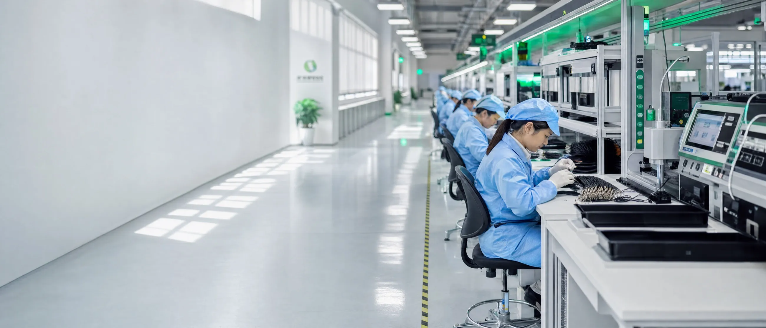 Power-supply assembly line — workers in ESD garments populating boards