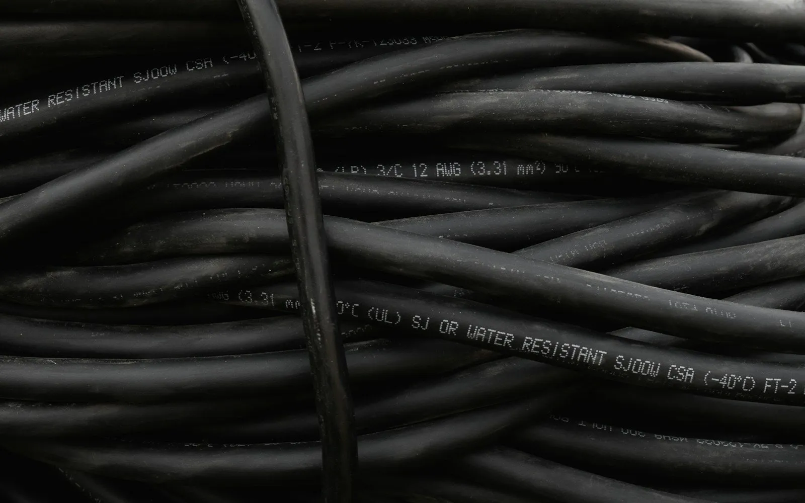 Coils of black UL-marked flexible power cordage, the jacket print showing the gauge and certification legend.